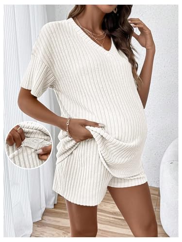 MakeMeChic Women's Maternity 2 Piece Sets Ribbed Shirt and Biker Shorts - color: White, size: Medium