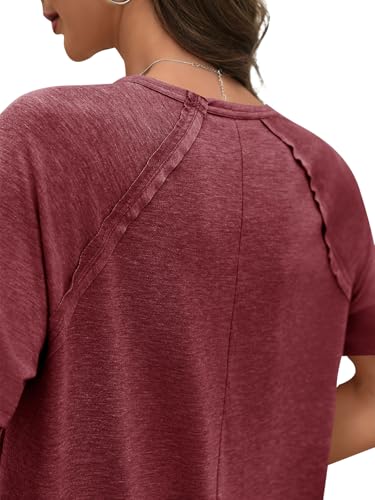 Cicy Bell Womens Short Sleeve Tunic Tops Crew Neck Side Split T Shirts - color: Wine Red, size: Small