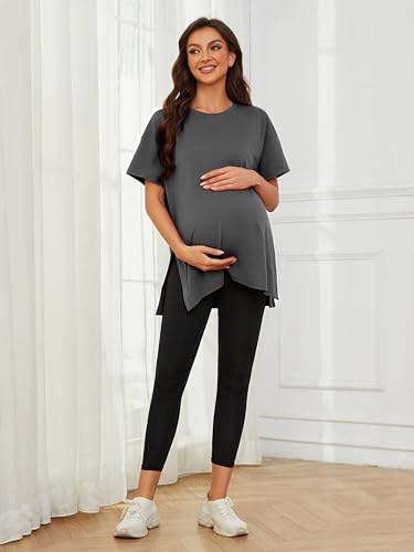 Ecavus Maternity Shirts Side Split Soft Cotton Loose Fit Pregnancy Tops - color: Dark Gray, size: Small