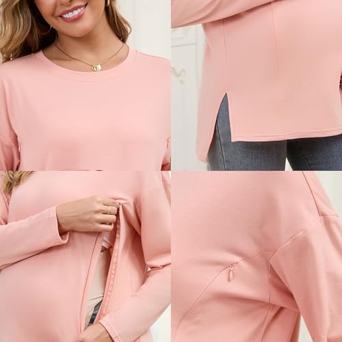 Women's Nursing Shirts Long Sleeve with Hidden Zipper Oversized Breastfeeding Tops Side Split Maternity Blouse - color: Dusty Pink, size: Medium