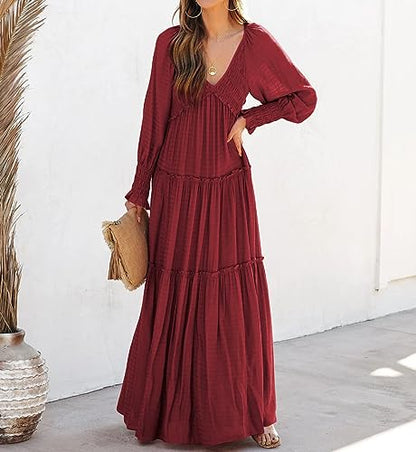 R.Vivimos Long Sleeve V Neck Flowy Maxi Dresses for Women - color: Burgundy, size: Medium