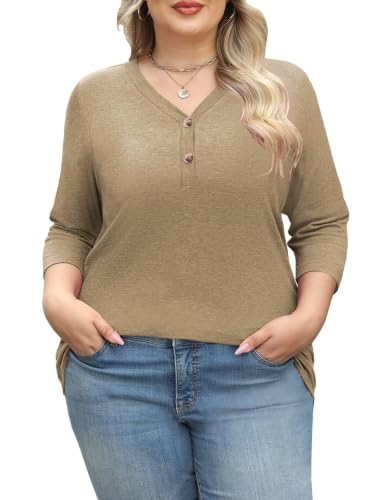 Womens Summer Plus Size 3/4 Length Sleeve Tops Button Down Shirts L-4XL - color: Beige, size: Large