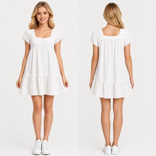 Womens Summer Square Neck Ruffle Hem Casual Babydoll Mini Dress - color: Ivory, size: Large