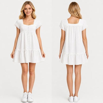 Womens Summer Square Neck Ruffle Hem Casual Babydoll Mini Dress - color: Ivory, size: Large