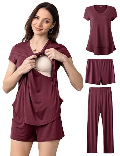 SUNNYBUY 3 PCS Maternity Breastfeeding Pajamas Set with Hidden Nursing Top - color: Burgundy, size: Small