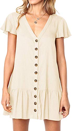 Imysty Womens Summer Polka Dot V Neck Button Down Loose Mini Dress - color: Z1-khaki, size: Medium