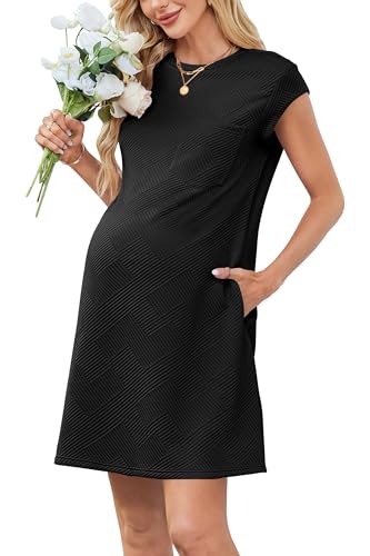 OUGES Women's Summer Casual Cap Sleeve Mini Maternity Dress with Pockets - color: Black, size: Large