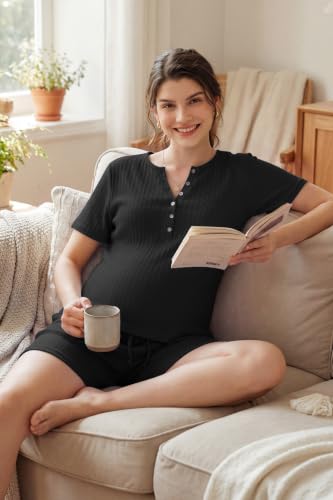 OUGES Women's 100% Soft Cotton Maternity Pajamas Sets Short Sleeve Pregnancy Postpartum 2 Piece Outfits Sleepwear - color: Black, size: X-Large