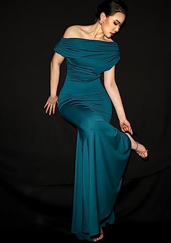 YMDUCH Women's Sleeveless Off Shoulder Long Formal Party Dress - color: Peacock Blue, size: Medium