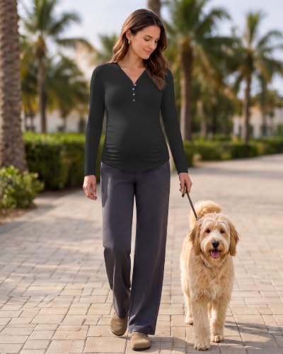 G4Free Lyocell Maternity Shirts Long Sleeve Button Front Henley Neck Ruched - color: Black, size: Small