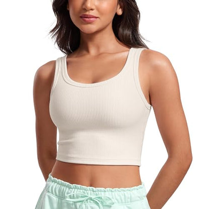 CRZ YOGA Ribbed U Neck Crop Tank Tops - color: White Apricot, size: Large