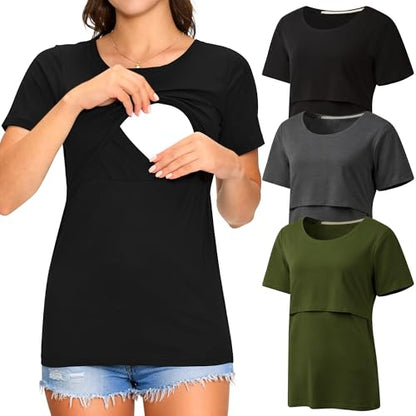 3 Pack Women's Nursing Tops, Breastfeeding Shirts Short Sleeve - color: Black/Army Green/Dark Grey, size: XX-Large