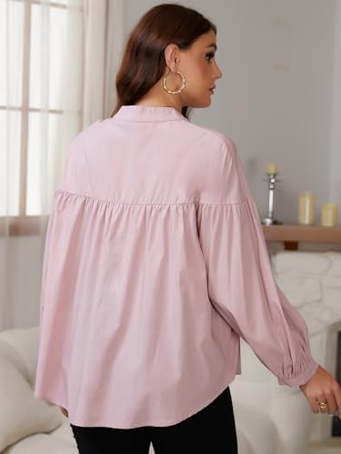 Womens Maternity Button Down Work Shirts Nursing Blouses Business Pleated Lantern Sleeve Pregnancy Office Tops - color: Pink, size: X-Large