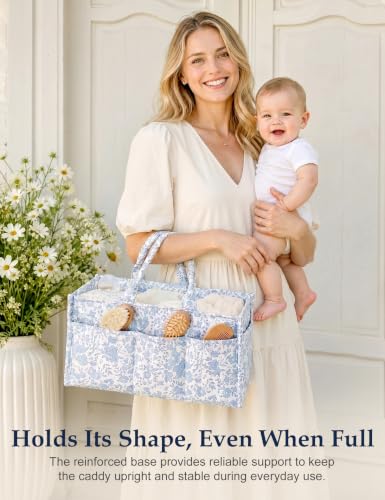 Quilted Diaper Caddy Organizer with Handle, Portable Nursery Storage Basket - color: Blue‌ Flower