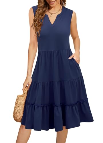 Summer Dresses for Women 2026 Flowy Casual Boho Midi Sun Dress with Pockets - color: Solid-navy, size: Large
