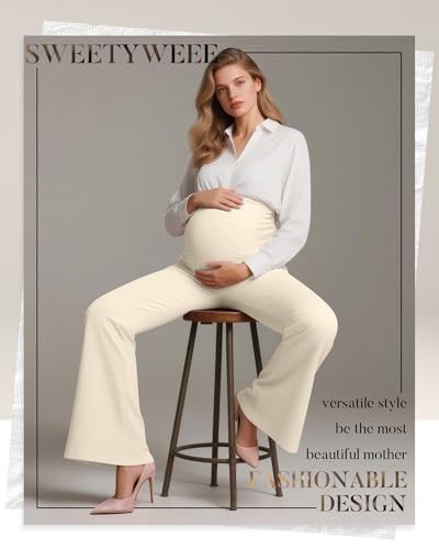 3 Pack Women's Maternity Pants Comfy Flare Trousers - color: Black, Coffee, Cream, size: Medium