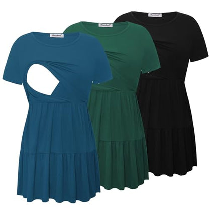 Bearsland Short Sleeve Nursing Top - color: Black & Vivid Blue & Deep Green, size: X-Large
