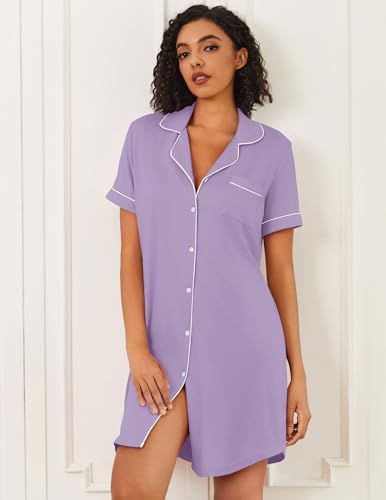 Ekouaer Nightgowns for Women Bamboo Viscose Button Down Sleepshirts - color: Purple, size: Medium