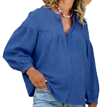 Womens Maternity Button Down Work Shirts Nursing Blouses Business Pleated Lantern Sleeve Pregnancy Office Tops - color: Navy, size: X-Large