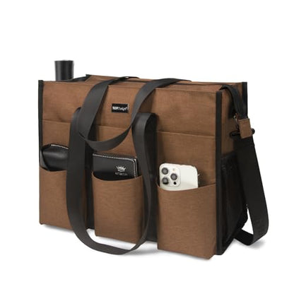 TOPDesign Utility Water Resistant Tote Bag with 22 Pockets, Zipper Closure - color: Brown, size: Medium