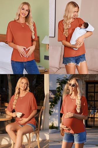 Ekouaer Maternity Shirts 3 Packs Short Sleeve Split Side Pregnancy Tops - color: Black/Army Green/Brick Red, size: Medium