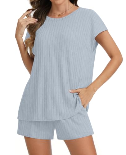 Womens Pajamas 2 Piece Lounge Sets Summer Sleepwear Short Pjs - color: Blue, size: Medium