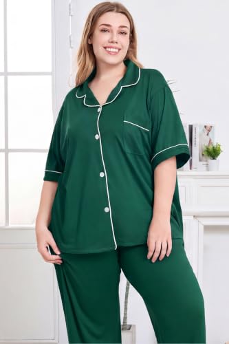 Women Plus Size Button Down Pajamas Long Pants Lounge Sets PJS - color: Dark Green, size: XX-Large