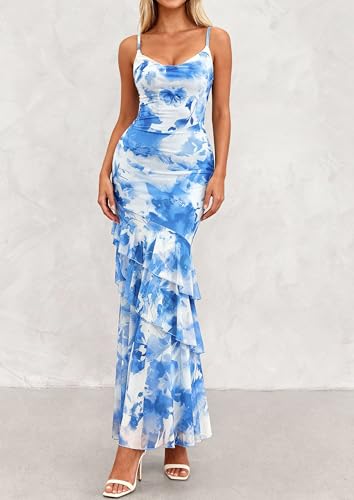 PRETTYGARDEN Women's Boho Floral Tiered Maxi Dress - color: Blue, size: X-Small