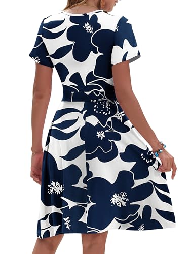 Womens Summer Floral Faux Wrap A-Line Dress with Pockets - color: White Navy Flower, size: Medium