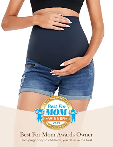 HOFISH Maternity Denim Jeans Shorts, Over-Belly Pregnancy, Super Stretchy - color: Navy, size: Medium