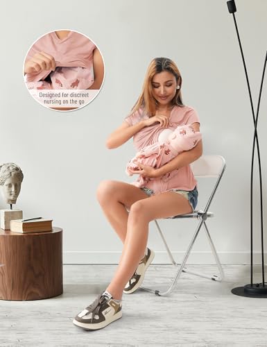 SUNNYBUY 3 Pack Maternity Nursing Tops for Postpartum Breastfeeding Shirts - color: Peach Pink+camel+deep Navy, size: X-Large