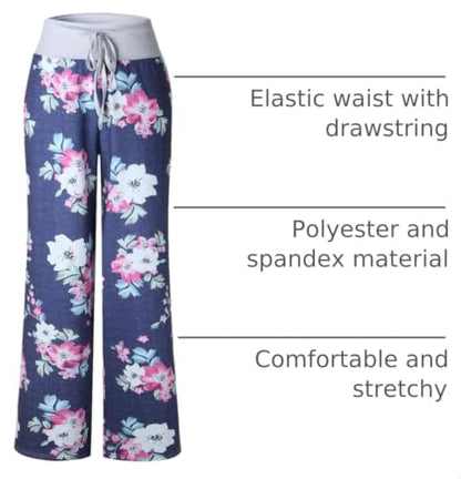 iChunhua Women's Comfy Stretch Floral Print Drawstring Palazzo Wide Leg Lounge Pant - color: Blue-white Flower, size: Medium