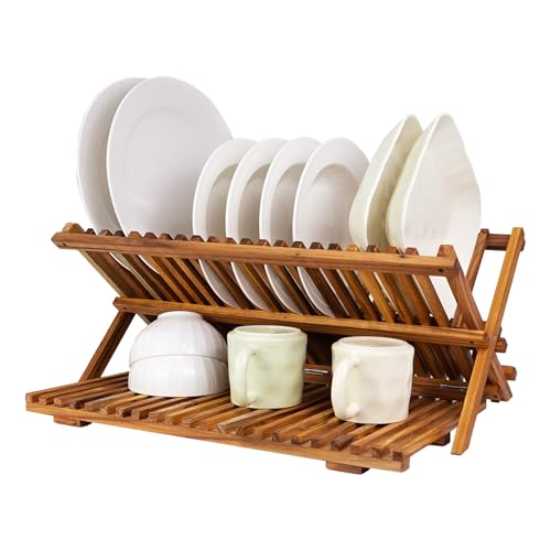 Utoplike Large Teak Dish Drying Rack, Wood Collapsible Organizer for Plates - size: 3 Tier-Large