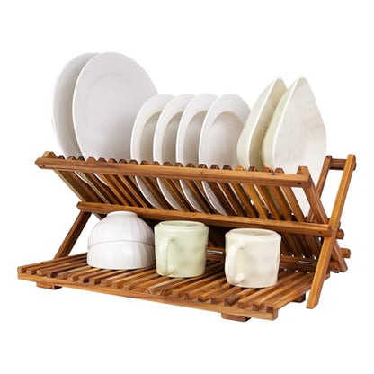 Utoplike Large Teak Dish Drying Rack, Wood Collapsible Organizer for Plates - size: 3 Tier-Large