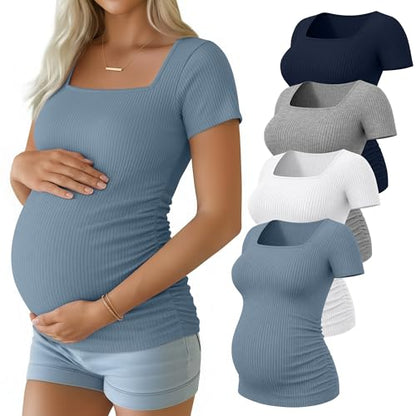 Huukeay 4 Pack Women's Short Sleeve Maternity Shirts - color: Navy Blue, Heather Gray, White, Haze Blue, size: Small