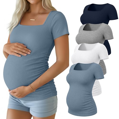 Huukeay 4 Pack Women's Short Sleeve Maternity Shirts - color: Navy Blue, Heather Gray, White, Haze Blue, size: X-Large