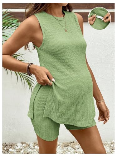 OYOANGLE Women's Two Piece Maternity Outfit Slit Hem Sleeveless Shorts Set - color: Light Green, size: Medium