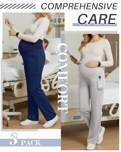 3 Pack Women's Maternity Scrub Pants with 6 Pockets - color: Black, Light Gray, Navy Blue, size: Medium