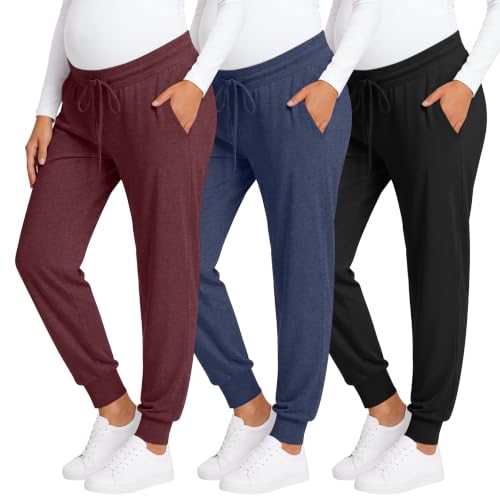 3 Pack Women Maternity Pants Pregnancy Lounge Jogger - color: Black, Dark Blue, Wine Red, size: Medium