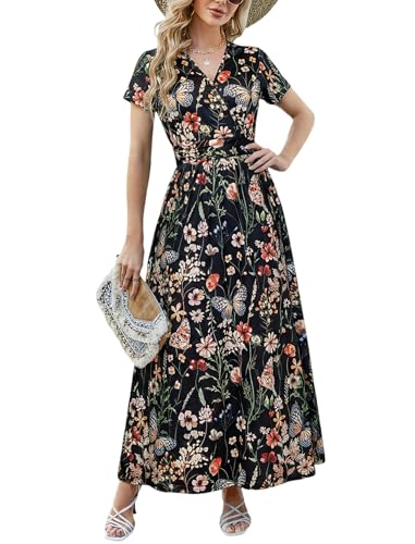 ANRILITA Women's 2026 Wrap V Neck Maxi Dress Short Sleeve Empire Waist Flowy Summer Long Dresses with Pocket Casual for Beach - color: Flower 11, size: XX-Large