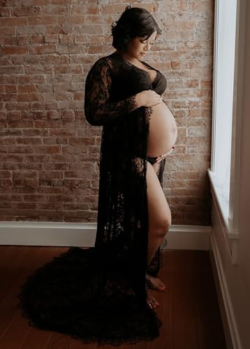 ZIUMUDY Maternity Deep V-Neck Split Front See-Through Maxi Lace Dress for Photography with Long Sleeve - color: Black, size: Large