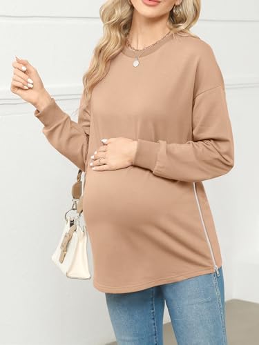 Women's Maternity Shirts Long Sleeve Sweatshirt Zipper Split Side Pregnancy Casual Tunic Top - color: Khaki, size: XX-Large