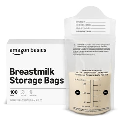Amazon Basics Breastmilk Storage Bags, Pre-Sterilized, BPA Free, Double Zips, for Refrigeration and Freezer Storage, 100 Count, 6 fl oz (Previously Mama Bear)
