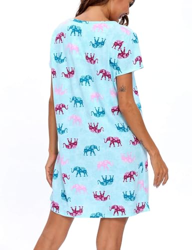 ENJOYNIGHT Womens Nightgown Cotton Sleep Shirt Short Sleeve Nightshirt - color: Blue Elephant, size: Medium