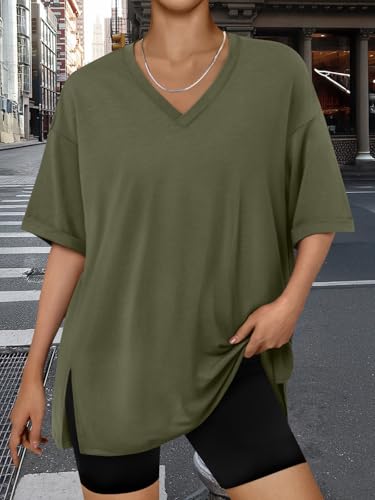 Trendy Queen Plus Size Oversized V Neck Tshirt Tops Workout Wear - color: Army Green, size: X-Large