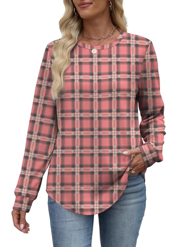 WIHOLL Sweatshirt for Women Crewneck Long Sleeve Shirts Curved Hem Lightweight Sweaters Fall Clothes 2025 - color: Plaid Pink, size: XX-Large