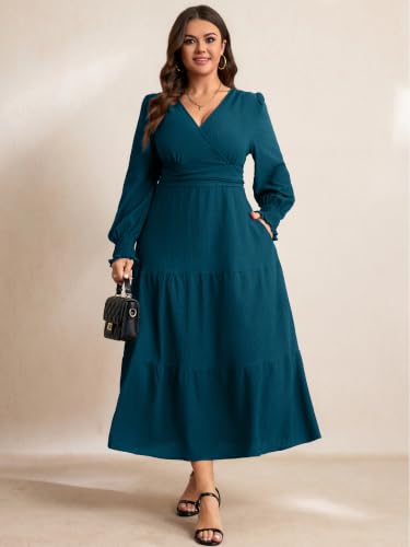RWJ Women's Plus Size Fall Wedding Guest Dress Long Sleeve Maxi with Pocket - color: Lake Blue, size: X-Large Plus