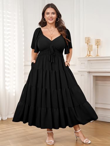 Plus Size Casual Summer Boho Maxi Long Dresses for Curvy Women - color: Black, size: X-Large Plus