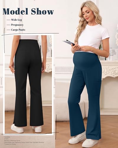 2 Pack Women's Maternity Wide Leg Cargo Scrub Pants - color: Emerald Green, Black, size: XX-Large
