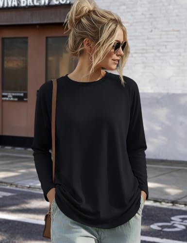 YUCOLEN Women's Long Sleeve Shirts Crew Neck Casual Cotton Basic Tee - color: Black, size: X-Large